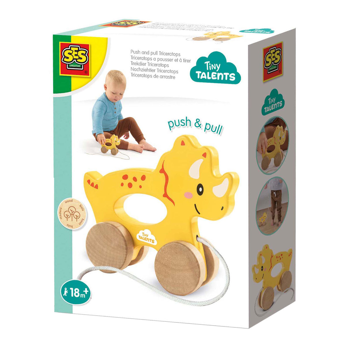 Ses houten trekdier 2 in 1 - triceratops