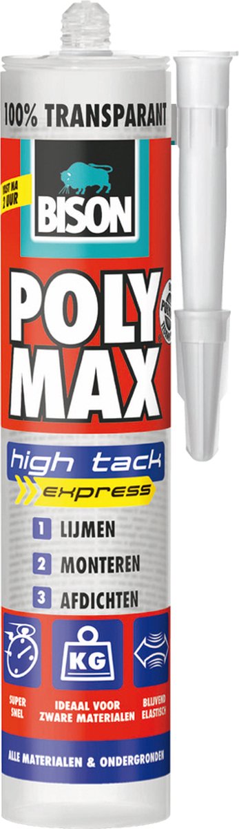 Bison poly max high tack express transparant koker 300 gram, montagelijm, lijmen, monteren en afdichten, unieke smp technologie, oplosmiddelvrij, binnen en buiten, vrijwel alle ondergronden