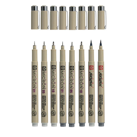 Sakura pigma micron fineliner set | 8 pennen, licht koelgrijs koelgrijs