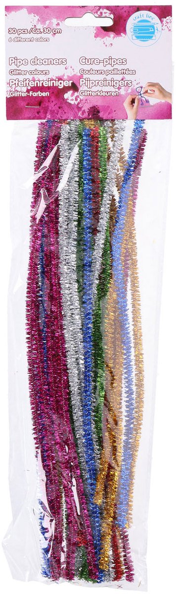 Edco craft line chenille draad 30 stuks - pijpenragers glitter kleuren - knutsel draad buigbaar - hobby en creatief gebruik - 30 cm - 6 kleuren