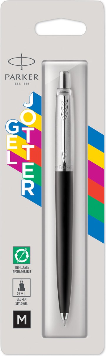 Parker jotter-gelpen | roestvrij staal en zwart | medium punt met zwarte inkt (0,7 mm)