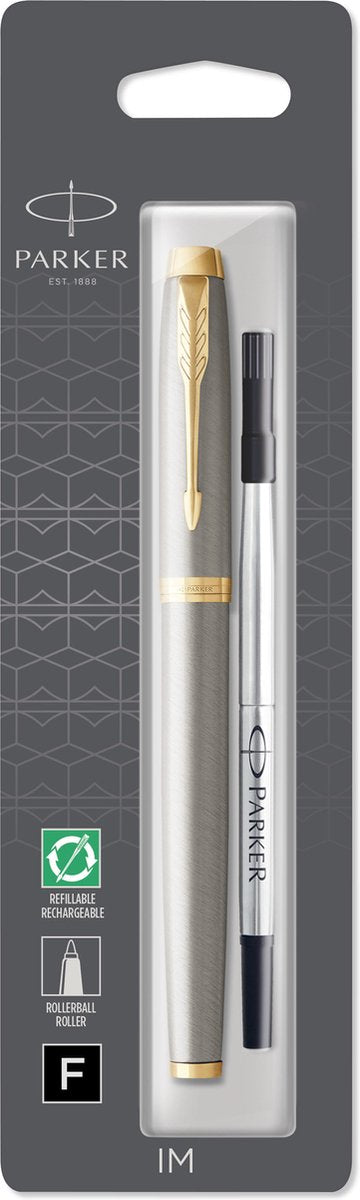 Parker im-rollerballpen | geborsteld metaal met gouden afwerking | fijne penpunt | zwarte inkt