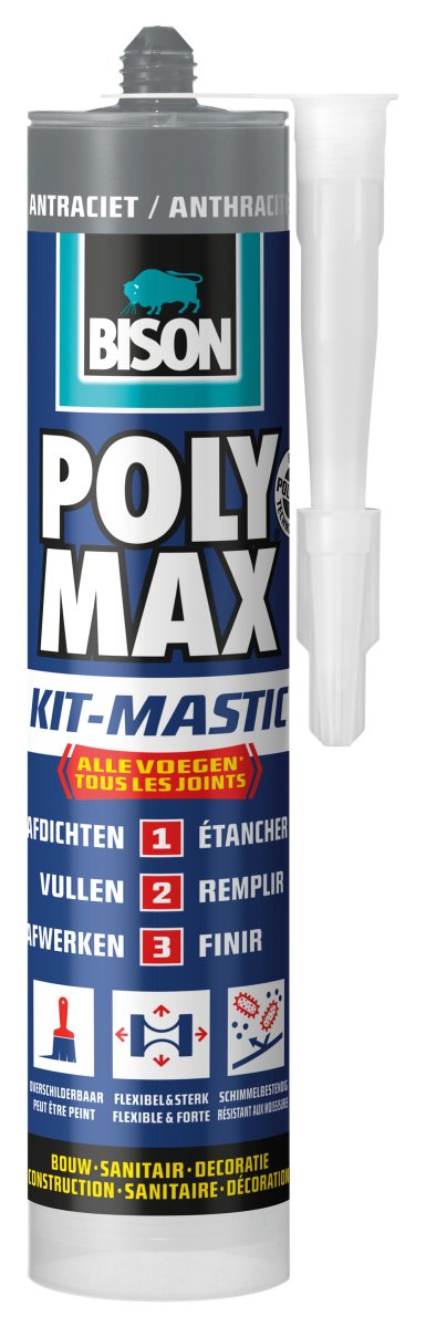 Bison poly max kit antraciet koker 280 ml, alles in 1 kit, waterdichte afdichting, universeel, binnen en buiten, overschilderbaar, vullend, temperatuurbestendig van - 40°c tot + 100°c