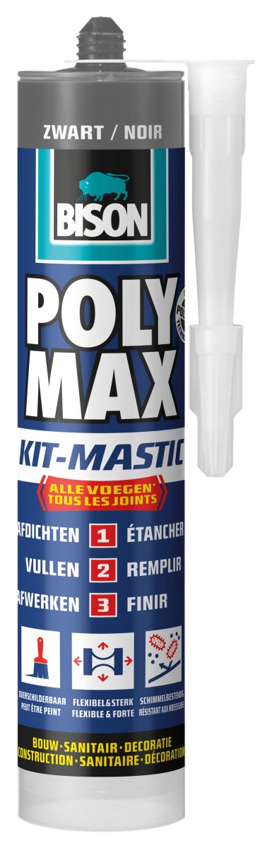 Bison poly max kit zwart koker 280 ml, alles in 1 kit, waterdichte afdichting, universeel, binnen en buiten, overschilderbaar, vullend, temperatuurbestendig van - 40°c tot + 100°c