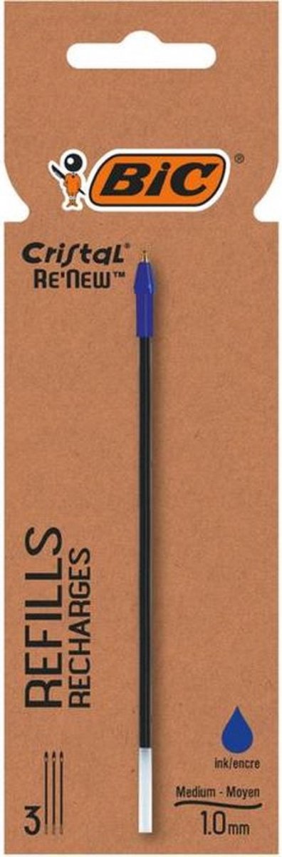 Bic cristal re'new balpenvulling, medium, 3 st, blauw