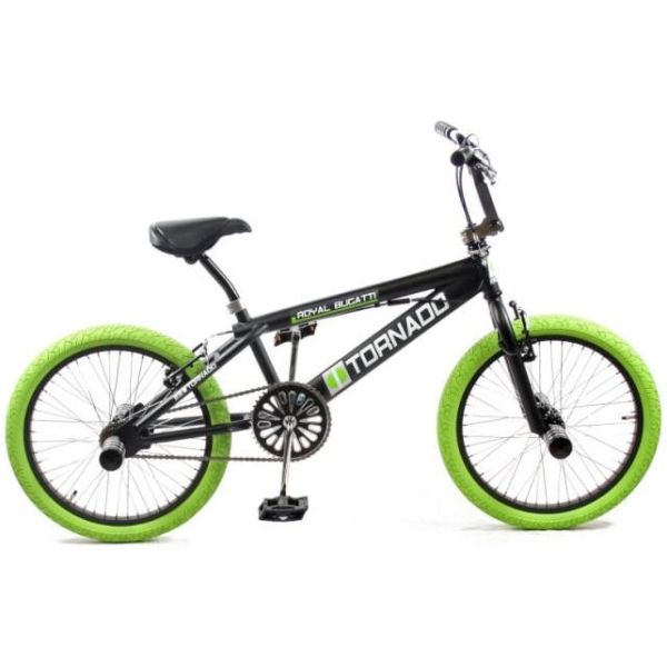 Royal bmx fiets -bugatti tornado freestyle 20 inch - mat zwart met groene banden