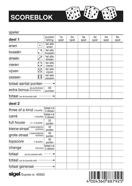 Expres expres scoreblok sigel voor yahtzee