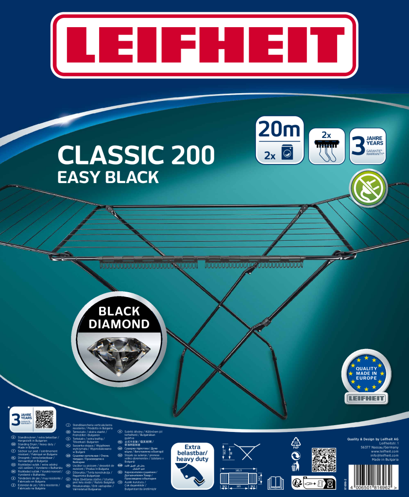 Leifheit classic droogrek - 200 easy - 20 mtr drooglengte - zwart