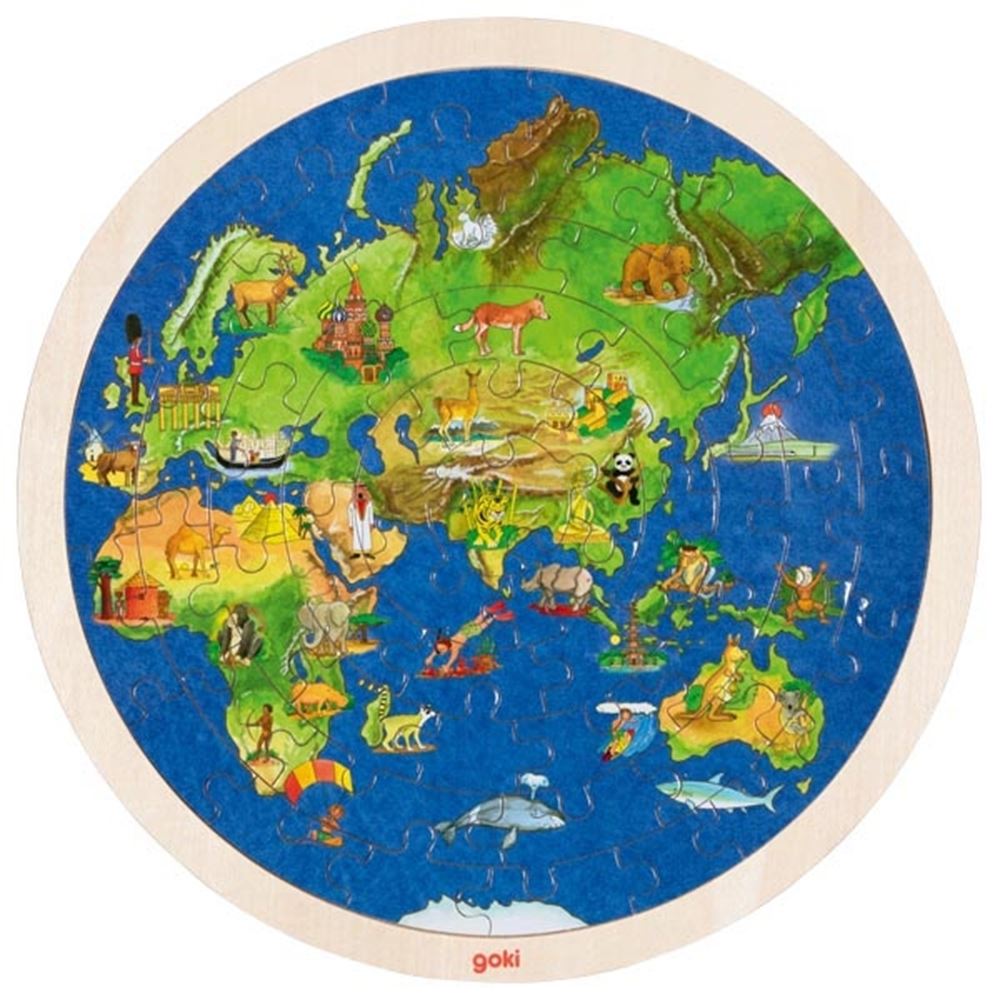 Goki puzzel rond wereld. 2 zijdig. 57 delig.