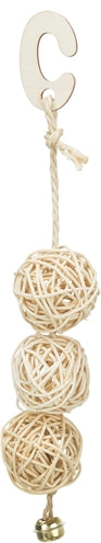 Trixie 3 rotan ballen met bel aan touw naturel