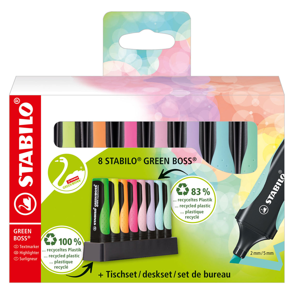Stabilo green boss pastel - markeerstift - gemaakt van 83% gerecycled plastic - 8 stuks deskset - 4 standaard + 4 pastel kleuren