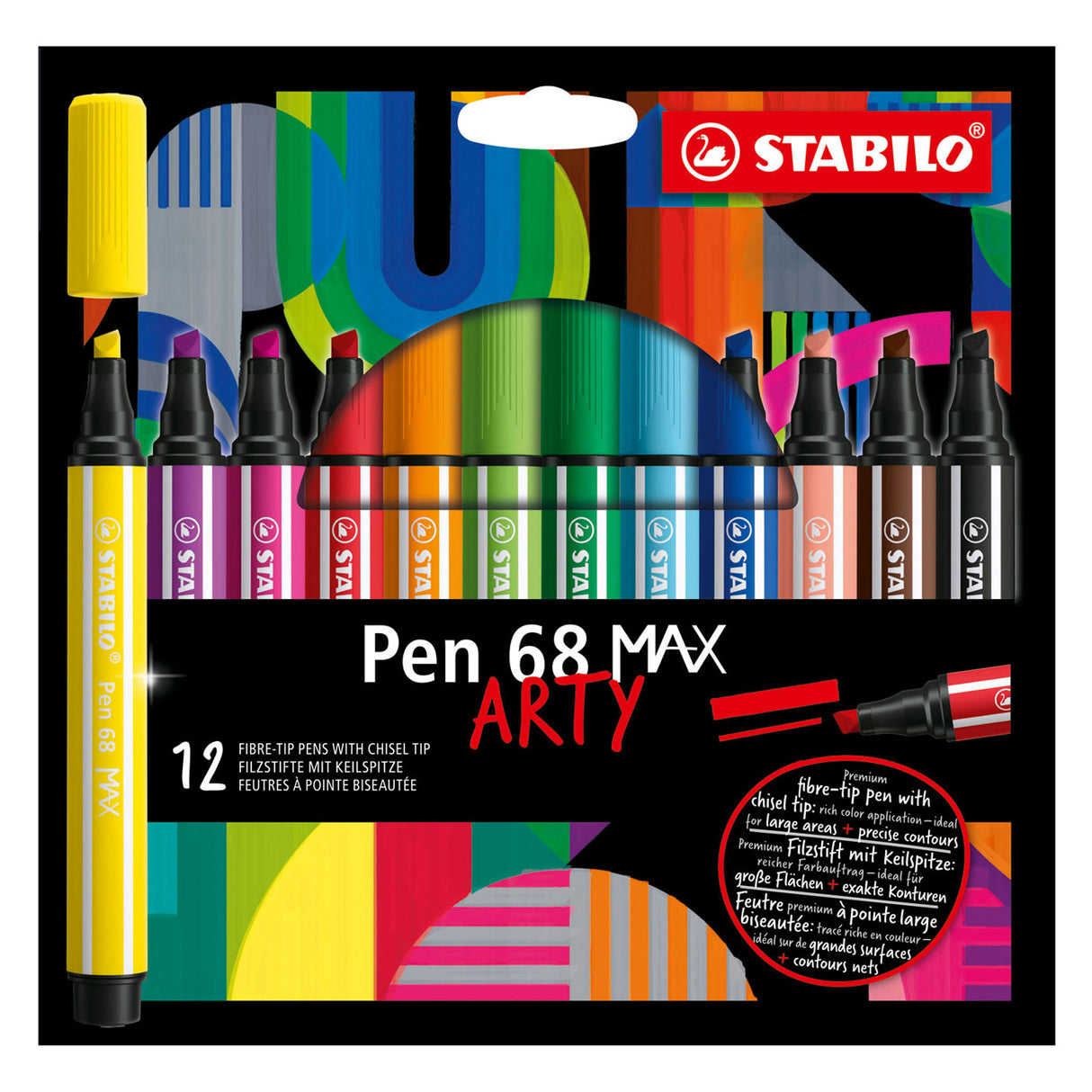 Stabilo Pen 68 Max Koppel Fillt -Tip Pen mat décke Chisel Peak Peak 12 Faarwen