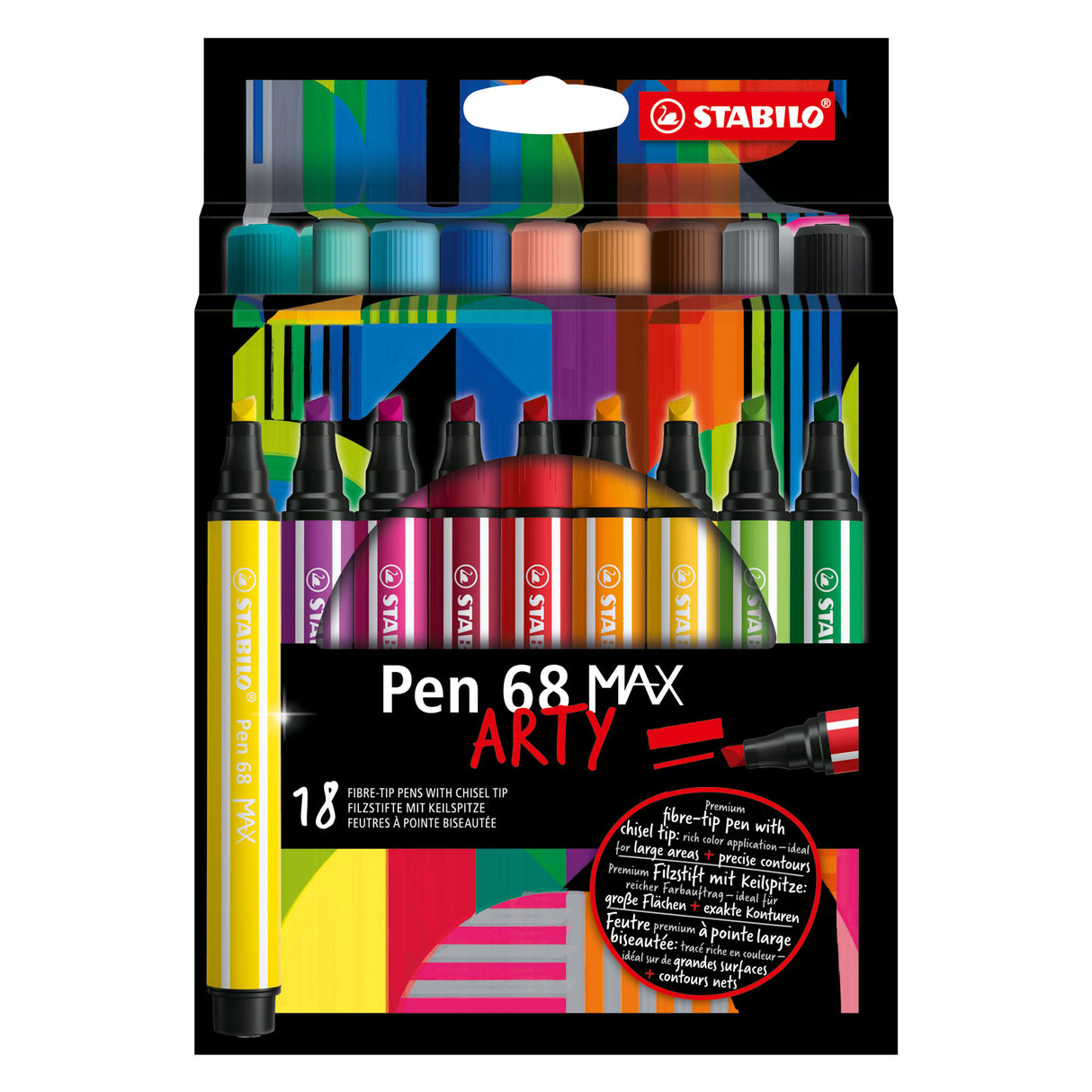 Stabilo Pen 68 Max Koppel Fillt -Tip Pen mat décke Chisel Peak 18 Faarwen