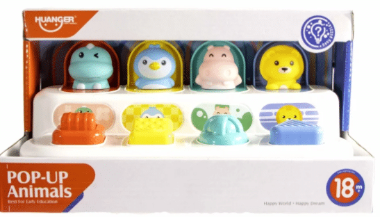 Jonotoys kidsfun baby pop up dieren interactief speelgoed kleurrijk.