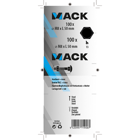 Mack 1007060 - houtbout + moer verzinkt 100 st 8 x 50 mm | 2 stuks