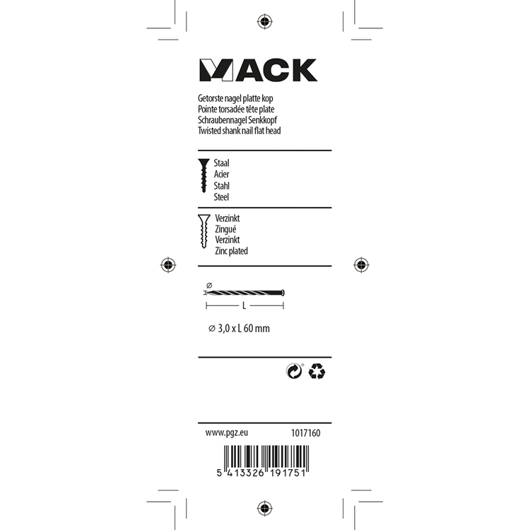 Mack 1017160 - getorste nagel pk verzinkt 135gr 3,0 x 60 mm | 5 stuks
