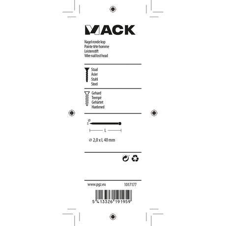 Mack 1017177 - nagel ronde kop staal gehard 50 gr 2,0 x 40 mm | 10 stuks