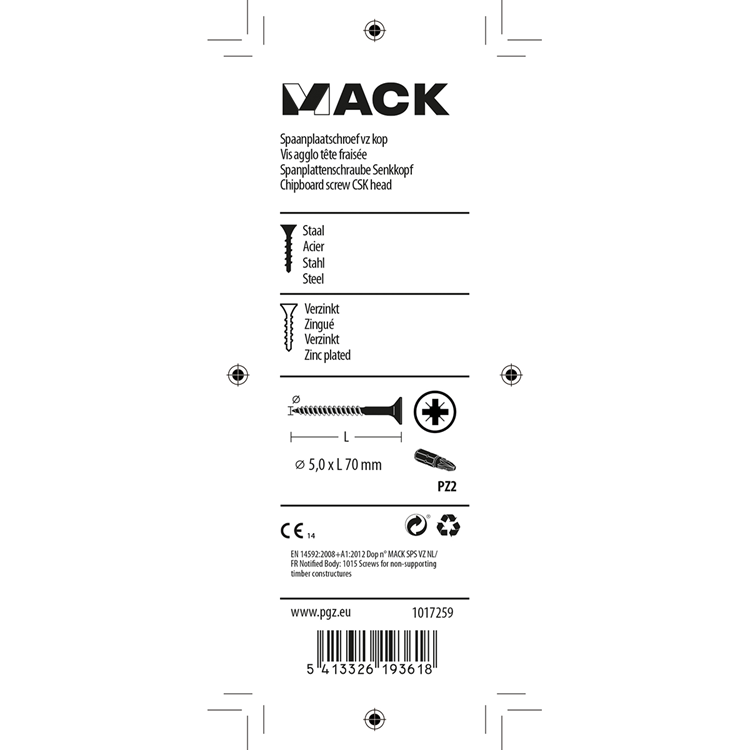 Mack 1017259 - spaanplaatschroef vz kop geelverz. 7 st 5,0 x 70 mm | 10 stuks
