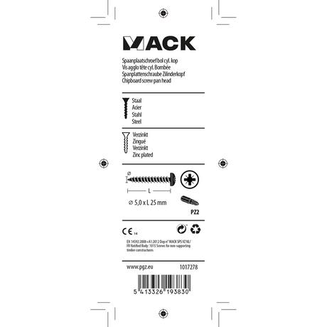 Mack 1017278 - spaanplaatschroef cylkop geelverz.18 st 5,0 x 25 mm | 10 stuks