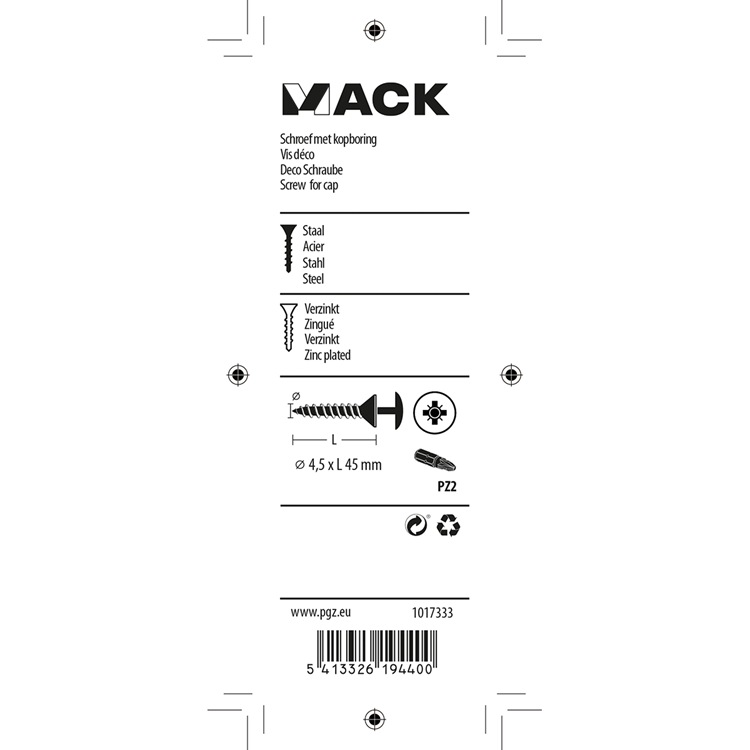 Mack 1017333 - schroef met kopboring staal verz. 10 st 4,5 x 45 mm | 10 stuks
