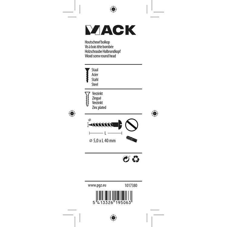 Mack 1017380 - houtschroef bolkop staal verzinkt 8 st 5,0 x 40 mm | 10 stuks