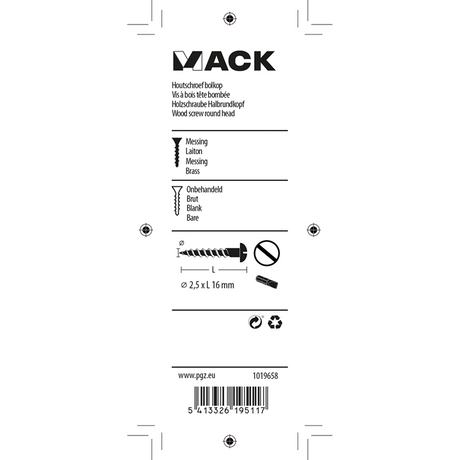 Mack 1019658 - houtschroef bolkop messing 10 st 2,5 x 16 mm | 10 stuks