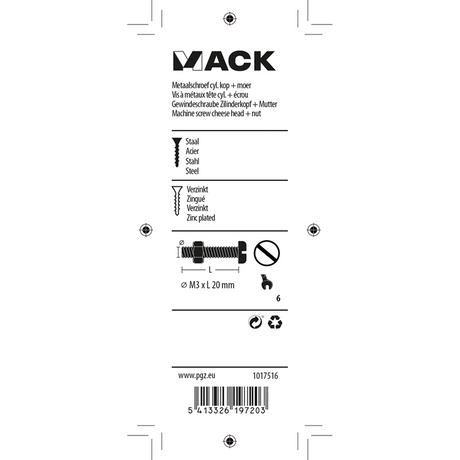 Mack 1017516 - metaalschroef cyl. kop + moer verz. 24 st m3 x 20 mm | 10 stuks