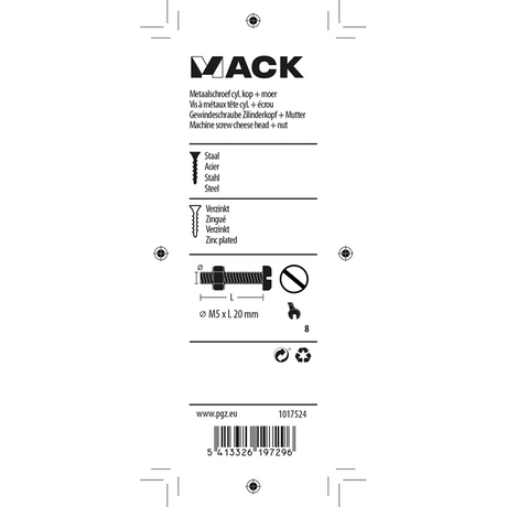Mack 1017524 - metaalschroef cyl. kop + moer verz. 15 st m5 x 20 mm | 10 stuks