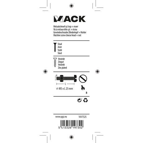 Mack 1017525 - metaalschroef cyl. kop + moer verz. 14 st m5 x 25 mm | 10 stuks