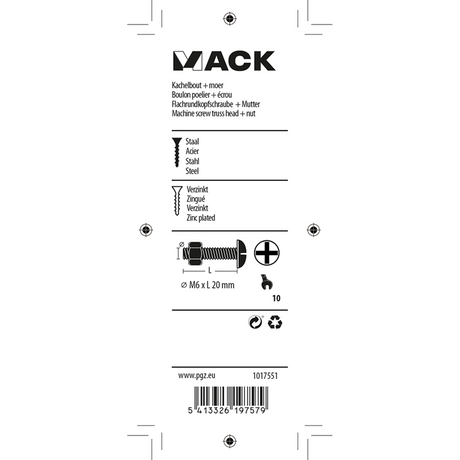 Mack 1017551 - kachelbout + moer staal verzinkt 9 st m6 x 20 mm | 5 stuks