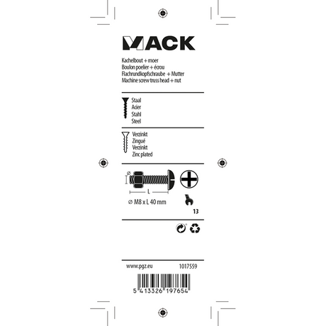 Mack 1017559 - kachelbout + moer staal verzinkt 5 st m8 x 40 mm | 5 stuks