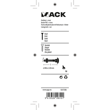 Mack 1017598 - houtbout + moer zwart 6,0 x 60 mm 4st | 5 stuks