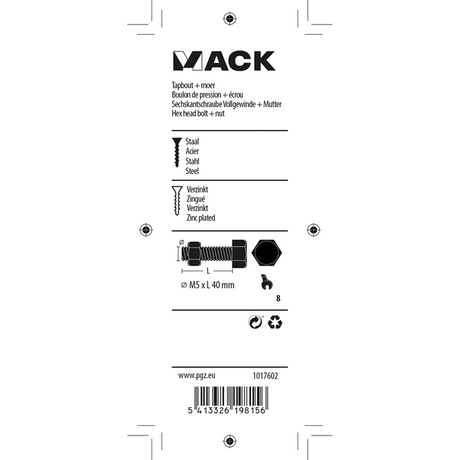 Mack 1017602 - tapbout + moer staal verzinkt 10 st m5 x 40 mm | 10 stuks