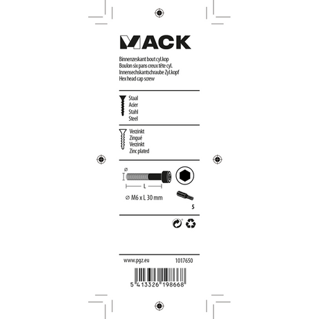 Mack 1017650 - binnenzeskant bout cyl.kop verz. 6 st m6 x 30 mm | 10 stuks