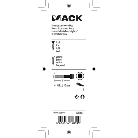 Mack 1017653 - binnenzeskant bout cyl.kop verz. 4 st m8 x 30 mm | 10 stuks