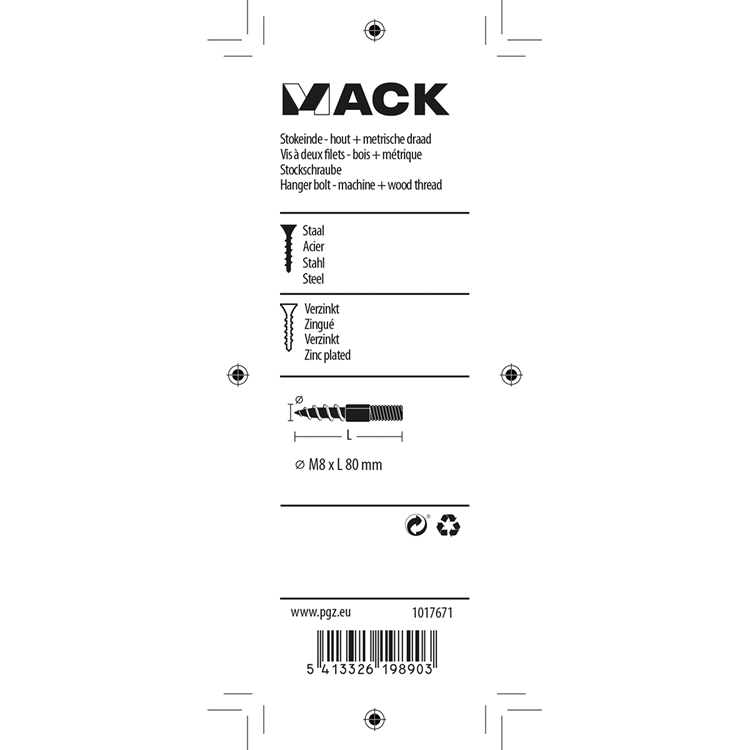 Mack 1017671 - stokeinde hout + metr. draad verz. 4 st m8x80 | 10 stuks