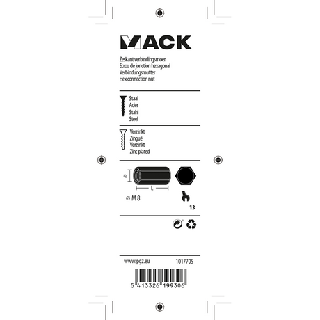 Mack 1017705 - zeskant verbindingsmoer verzinkt 2 st m8 | 10 stuks