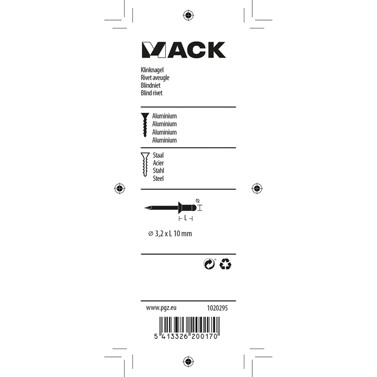 Mack 1020295 - 36 blindnieten alu 3,2x10mm | 10 stuks