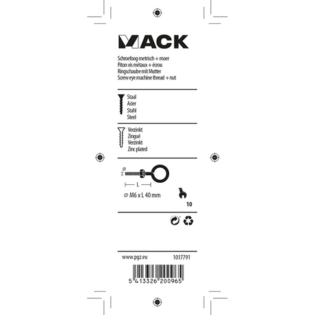 Mack 1017791 - schroefoog metrisch + moer verzinkt 4 st m6 x 40 mm | 10 stuks