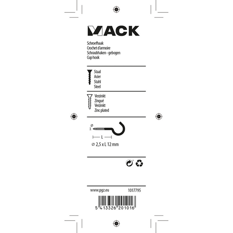 Mack 1017795 - schroefhaak staal verzinkt 18st 2,5 x 12 mm | 10 stuks