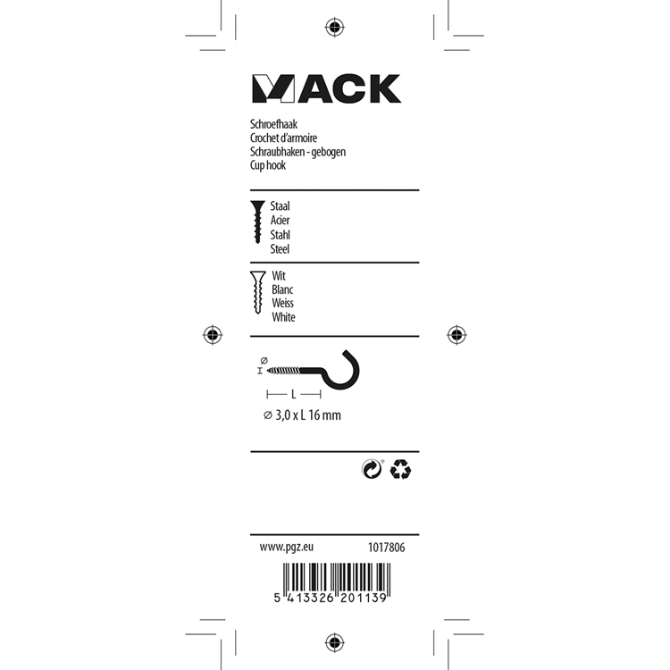 Mack 1017806 - schroefhaak staal wit 7 st 3,0 x 16 mm | 10 stuks