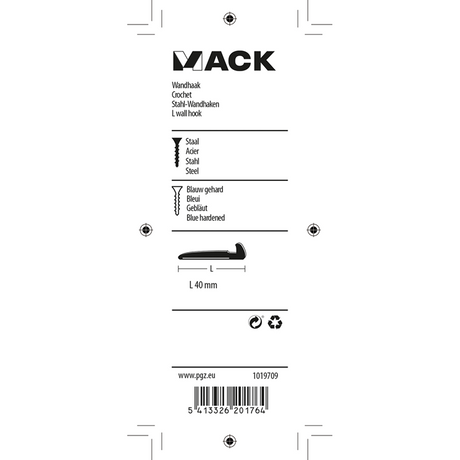 Mack 1019709 - wandhaak staal blauw gehard 8 st 40 mm | 10 stuks