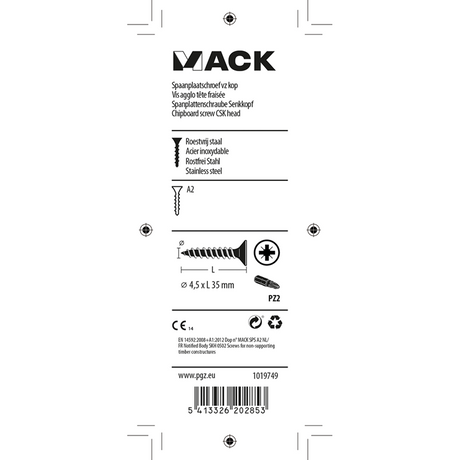 Mack 1019749 - spaanplaatschroef vz kop rvs 9 st 4,5 x 35 mm | 10 stuks