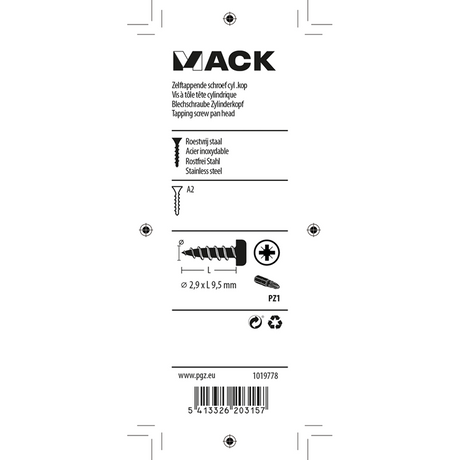 Mack 1019778 - zelftappende schroef cyl.kop a2 20 st 2,9 x 9,5 mm | 10 stuks