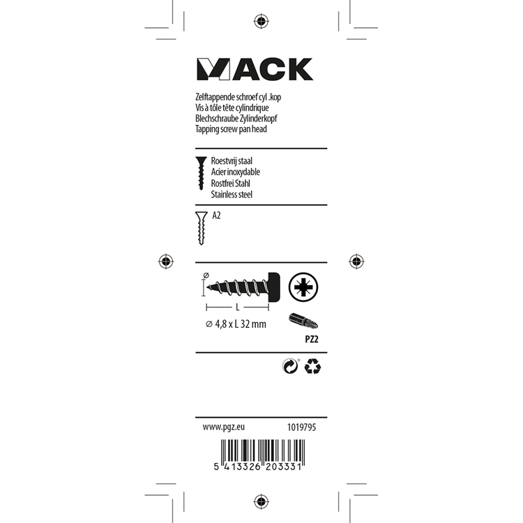Mack 1019795 - zelftappende schroef cyl.kop a2 7 st 4,8 x 32 mm | 10 stuks