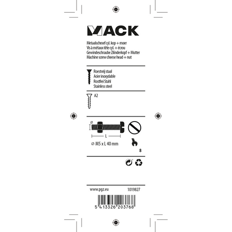 Mack 1019827 - metaalschroef cyl. kop + moer rvs 5 st m5x40 | 10 stuks