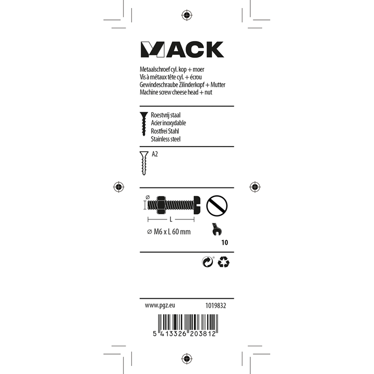 Mack 1019832 - metaalschroef cyl. kop + moer rvs 2 st m6x60 | 10 stuks