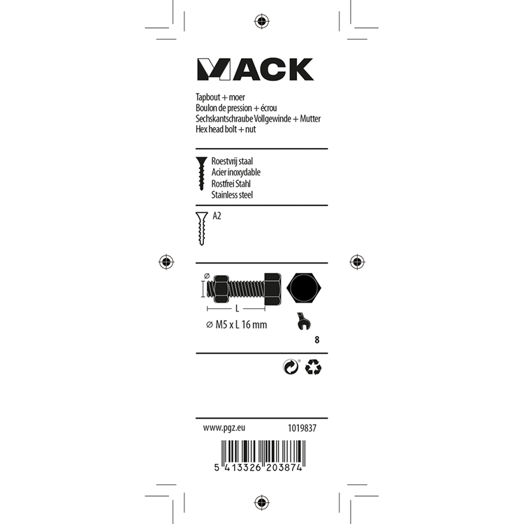Mack 1019837 - tapbout + moer roestvrijstaal 7 st m5x16 | 10 stuks