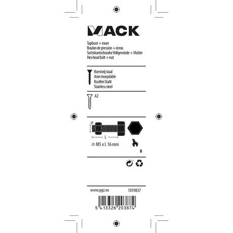 Mack 1019837 - tapbout + moer roestvrijstaal 7 st m5x16 | 10 stuks