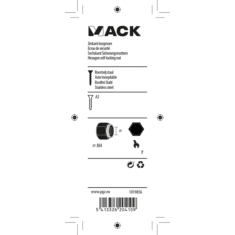 Mack 1019856 - zeskant borgmoer inox a2 6 st m 4 | 10 stuks